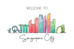 enkele doorlopende lijntekening van de skyline van de stad van singapore. beroemde stadskrabber en landschap. wereld reizen concept home decor muur print poster kunst. moderne één lijn tekenen ontwerp vectorillustratie vector