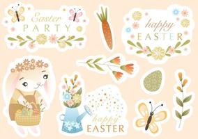 Pasen sticker uitrusting met schattig konijn, voorjaar bloemen, gekleurde eieren, felicitatie- citaten. vector illustratie in kinderen stijl. schattig sticker reeks en ontwerp elementen. perfect voor scrapbooken, kaart