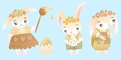 Pasen konijntjes tekens set. vector illustratie van schattig konijntjes in verschillend poseert, jurken en kransen van voorjaar bloemen. mooi zo voor voorjaar en Pasen groet kaarten, Product voor kinderen