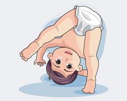 schattig baby jongen vervelend luier buigen over- aan het doen yoga vector illustratie pro downloaden