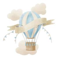 waterverf heet lucht ballon met wolken en ruimte voor tekst. hand- getrokken baby illustratie van wijnoogst vliegtuig in pastel kleuren Aan geïsoleerd achtergrond. schattig tekening voor pasgeboren douche of kind verjaardag vector