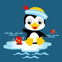 schattig pinguïn vervelend matroos pet visvangst Aan ijs brok, vector tekenfilm illustratie