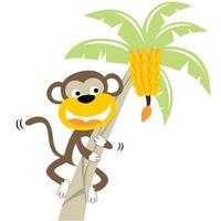 grappig aap beklimming banaan boom, vector tekenfilm illustratie