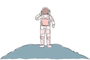 één enkele lijntekening van kosmonaut die zijn partner roept die smartphone in maanoppervlakte vectorillustratie gebruikt. astronaut bedrijfsbureau met kosmische ruimteconcept. modern ononderbroken lijntekeningontwerp vector