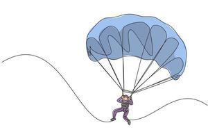 enkele doorlopende lijntekening van een jonge toeristische man die met paragliding parachute aan de hemel vliegt. extreme vakantie vakantie sport concept. trendy één lijn tekenen ontwerp vector grafische afbeelding