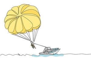 een doorlopende lijntekening van jonge moed die in de lucht vliegt met behulp van parasailing parachute achter de boot. buiten gevaarlijk extreme sportconcept. dynamische enkele lijn tekenen ontwerp vectorillustratie vector