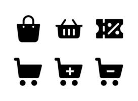 eenvoudige set van e-commerce gerelateerde vector solide pictogrammen. bevat pictogrammen als boodschappentas, mand, kortingsbon, winkelwagen en meer.