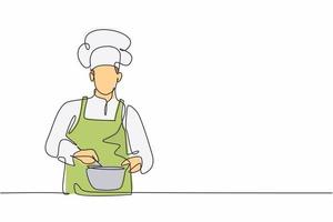 enkele lijntekening van jonge knappe mannelijke chef-kok die soep op pan roert om kruiden te mengen. gezond biologisch veganistisch eten moderne sjabloon één regel hand getekende vector illustratie minimalisme stijl