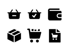 eenvoudige set van e-commerce gerelateerde vector solide pictogrammen. bevat pictogrammen als winkelmandje, portemonnee, pakket, winkelwagen en meer.