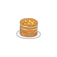 een doorlopende lijntekening van verse heerlijke Amerikaanse pannenkoek opgestapeld restaurant logo embleem. ontbijt eten café winkel logo sjabloon concept. moderne enkele lijn tekenen ontwerp vectorillustratie vector