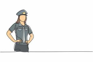 continue een lijntekening van jonge schoonheid vrouwelijke politie op uniforme staande met handen op heup. professionele baan beroep minimalistisch concept. enkele lijn tekenen ontwerp vector grafische afbeelding