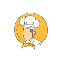 een enkele lijntekening van chef-kok man karakter voor restaurant logo vector grafische afbeelding. voedsel café mascotte badge concept. modern ononderbroken lijntekening ontwerp vijfsterren restaurant hotel logotype