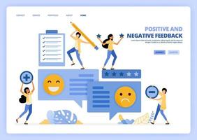 mensen geven positieve negatieve feedback met emoticons in reacties. bekijk en controleer de tevredenheid van gebruikers. kan worden gebruikt voor bestemmingspagina-sjabloon ui ux web mobiele app poster banner website flyer-advertenties vector