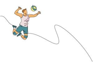 een single lijn tekening van jong mannetje professioneel volleybal speler oefenen jumping piek Aan rechtbank vector illustratie. team sport concept. toernooi evenement. modern doorlopend lijn trek ontwerp