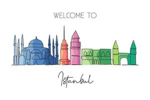 enkele doorlopende lijntekening van de skyline van de stad van istanbul, turkije. beroemde stad schraper landschap. wereld reizen wand decor thuis art poster print concept. moderne één lijn tekenen ontwerp vectorillustratie vector