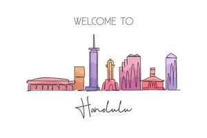 een doorlopende lijntekening van de skyline van de stad van Honolulu, Hawaï. mooi oriëntatiepunt. wereld landschap toerisme reizen huis muur decor poster print kunst. stijlvolle enkele lijn tekenen ontwerp vectorillustratie vector