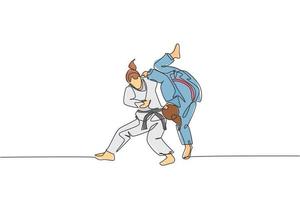 een doorlopende lijntekening twee jonge sportieve vrouwen die judotechniek trainen in de sporthal. jiu jitsu strijd strijd sport concurrentie concept. dynamische enkele lijn tekenen ontwerp grafische vectorillustratie vector