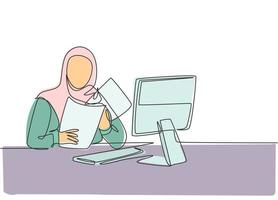 enkele doorlopende lijntekening van jonge vrouwelijke moslimzakenvrouw bereidt documenten voor op presentatie aan investeerders. Arabische Midden-Oosten doek hijab en sluier. één lijn tekenen ontwerp vectorillustratie vector