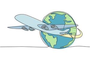vliegtuig rond de aarde. enkele doorlopende lijn wereld reizend grafisch pictogram. eenvoudige één regel doodle voor vakantie vakantie concept. geïsoleerde vector illustratie minimalistisch ontwerp op witte achtergrond