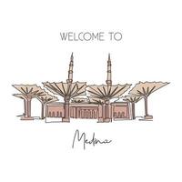 een enkele lijntekening masjid al nabawi landmark. beroemde heilige iconisch in medina saoedi-arabisch. hajj umrah reizen muur decor poster print concept. moderne doorlopende lijn tekenen ontwerp vectorillustratie vector