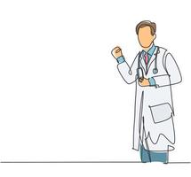een enkele lijntekening van een jonge, gelukkige mannelijke arts vuist zijn handen in de lucht om zijn succes bij het behandelen van de patiënt te vieren. medische gezondheidszorg concept doorlopende lijn tekenen ontwerp vectorillustratie vector