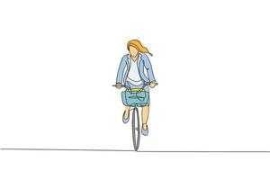 enkele doorlopende lijntekening van jonge professionele zakenvrouw die fietst naar haar bedrijf. fiets naar het werk, milieuvriendelijk transportconcept. trendy één lijn tekenen ontwerp vectorillustratie vector