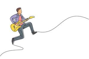 een doorlopende lijntekening van jonge gelukkige mannelijke gitarist die springt terwijl hij elektrische gitaar speelt op het muziekconcertpodium. muzikant kunstenaar prestaties concept enkele lijn tekenen ontwerp vectorillustratie vector