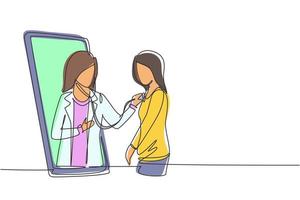 enkele doorlopende lijntekening vrouwelijke arts komt uit het smartphonescherm en controleert de hartslag van de vrouwelijke patiënt met een stethoscoop. online arts. een lijn tekenen grafisch ontwerp vectorillustratie vector