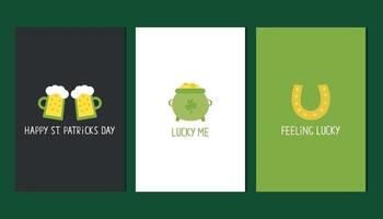 reeks van minimalistisch poscards of posters voor st patricks dag met bier, pot van goud en hoefijzer vector