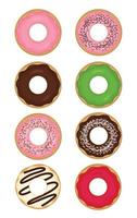 donut icoon met divers toppings van chocola, aardbei, groen thee, oranje en tiramisu vector