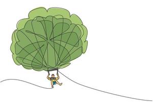 enkele doorlopende lijntekening van een jonge toeristische man die met parasailing parachute op de lucht vliegt, getrokken door een boot. extreme vakantie vakantie sport concept. trendy één lijn tekenen ontwerp vectorillustratie vector
