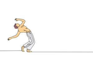een enkele lijntekening van jonge energieke man capoeira danser uitvoeren dansen strijd grafische vectorillustratie. traditionele vechtsport levensstijl sport concept. modern ononderbroken lijntekeningontwerp vector