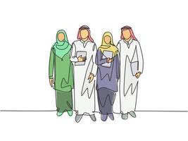 een doorlopende lijntekening van jonge gelukkige moslimarbeiders die samen lopen in het kantoorgebouw. islamitische kleding shemag, kandura, keffiyeh, hijab. enkele lijn tekenen ontwerp vectorillustratie vector