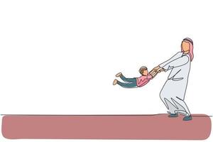 continue een lijntekening van jonge arabische vader die speelt met zijn zoon die thuis vliegt. gelukkig islamitisch moslim ouderschap familieconcept. dynamische enkele lijn grafisch tekenen ontwerp vectorillustratie vector