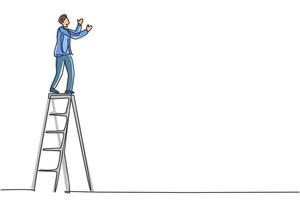 enkele lijntekening van een jonge slimme mannelijke reparateur die stabiel staat op een hoge ladder. klusjesman fix huis muur minimaal concept. moderne doorlopende lijn tekenen ontwerp grafische vectorillustratie vector