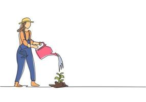 enkele doorlopende lijntekening jonge boerin geeft de planten water met een gieter. boer aanplant activiteiten minimalisme concept. dynamische één lijn tekenen grafisch ontwerp vectorillustratie. vector