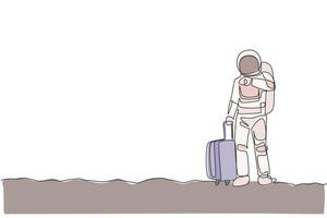 een enkele lijntekening astronaut op zoek naar zijn polshorloge wachten op openbaar vervoer in maanoppervlak vector grafische illustratie. kosmonaut ruimteconcept. modern ononderbroken lijntekeningontwerp