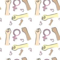 naadloos patroon met handen gebalde in een vuist, Dames van verschillend races en een vrouw symbool. de concept van Internationale vrouwen dag Aan maart 8. vector beeld