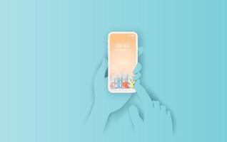 3d papier kunst en ambacht stijl van smartphone met stad bedrijf financiën voor mobiel bank online hand- concept .gebruik zichtbaar ontwerp comfortabel blauw kleur pastel achtergrond.betaling technologie.vector vector