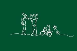 illustratie gelukkig familie hebben pret met doorlopend wit lijn tekening stijl, tekenen wit lijn van kinderen spelen in tuin parkeren, creatief gemakkelijk lijnen idee familie ecologie milieu vector