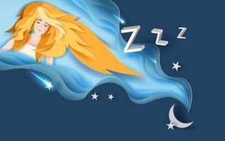 3d papier kunst van mooi meisje met lang geel haar- slijtage zoet droom slapen Bij nacht.papier ambacht en besnoeiing creatief ontwerp abstract kromme Golf blauw background.creative ontwerp ster en maan, vector