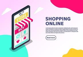 online winkelen isometrische webconcept. grote smartphone digitale marketing en e-commerce met enorme factuur. supermarkt in de online winkel van het apparaat. vector illustratie