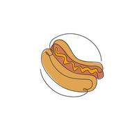 een enkele lijntekening van verse logo Amerikaanse hotdog vectorillustratie. fast food sandwich café menu en restaurant badge concept. modern doorlopende lijntekening ontwerp straatvoedsel grafisch logotype vector