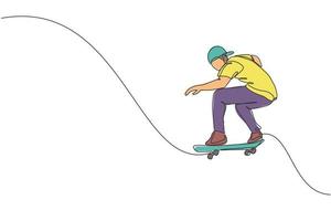 een doorlopende lijntekening van een jonge coole skateboarder die op een skateboard rijdt en een sprongtruc doet in het skatepark. extreme tiener sport concept. dynamische enkele lijn tekenen ontwerp vectorillustratie vector