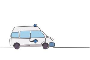 enkele doorlopende lijntekening van ziekenhuisambulancevoertuig om kritieke patiënt te redden. 911 geïsoleerd minimalisme concept. dynamische één lijn trekken grafisch ontwerp vectorillustratie op witte achtergrond vector