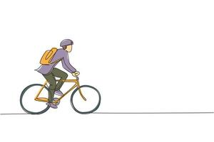 enkele doorlopende lijntekening jonge professionele zakenman die fietst naar zijn bedrijf. fiets naar het werk, milieuvriendelijk transportconcept. trendy één lijn tekenen ontwerp grafische vectorillustratie vector