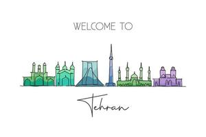 enkele doorlopende lijntekening van de skyline van de stad van teheran, iran. beroemde stad schraper en landschap home muur decor poster art print. wereld reizen concept. moderne één lijn tekenen ontwerp vectorillustratie vector