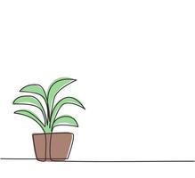 enkele doorlopende lijntekening potplanten met zes groeiende bladeren worden gebruikt voor sierplanten. bladeren die het interieur van de kamer versieren. een lijn tekenen grafisch ontwerp vectorillustratie. vector