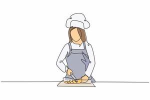 enkele lijntekening van jonge gelukkige aantrekkelijke vrouwelijke chef-kok die groenten op houten snijplank snijdt om maaltijdvoedsel te bereiden. moderne sjabloon een regel hand getekende vector illustratie minimalisme stijl