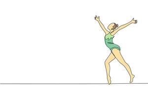 een single lijn tekening van jong schoonheid gymnast meisje oefening verdieping ritmisch gymnastiek- Bij Sportschool vector illustratie. gezond atleet tiener levensstijl en sport concept. modern doorlopend lijn trek ontwerp